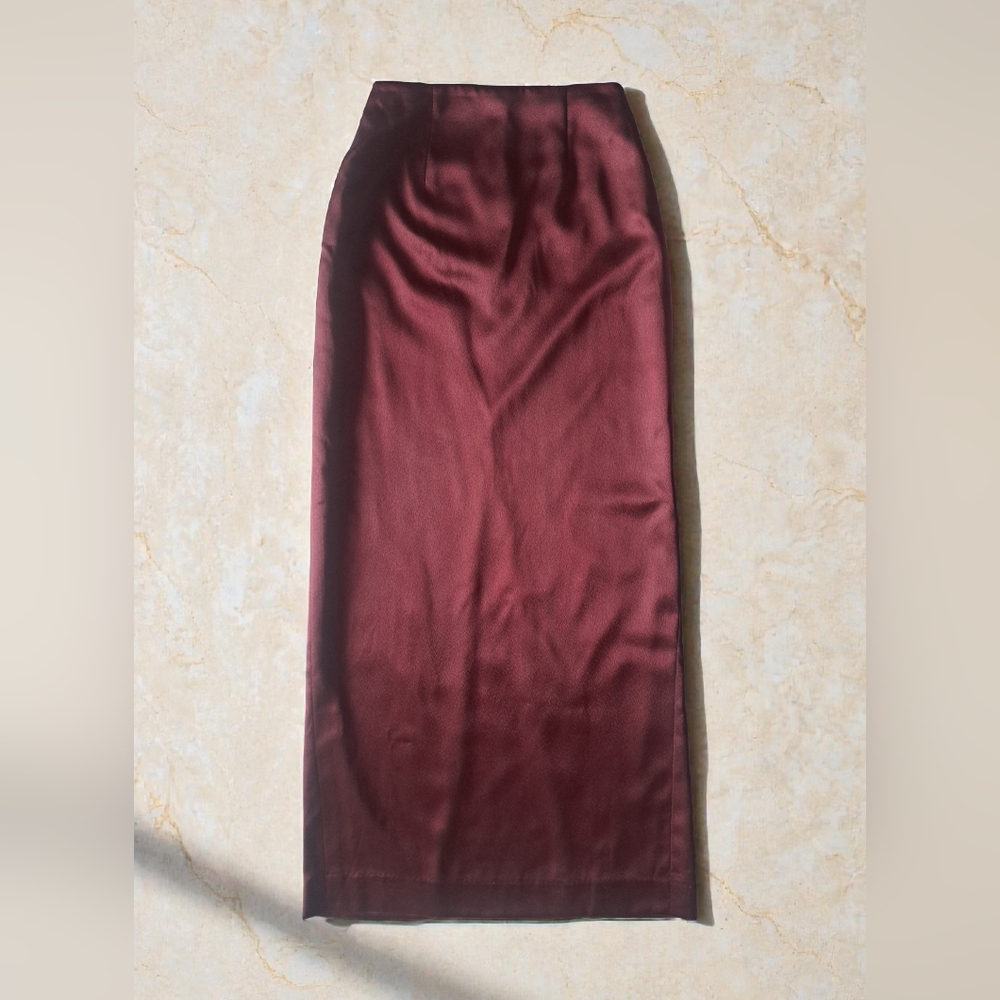 Chic Burgundy Satin Straight Maxi Skirt